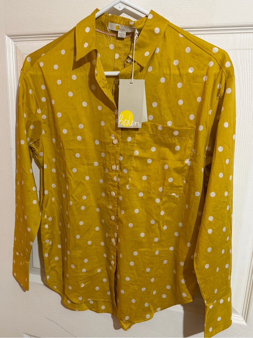 Boden Women's 2Petite Yellow White Polka Dot Cotton Long Sleeve Button-Up Shirt